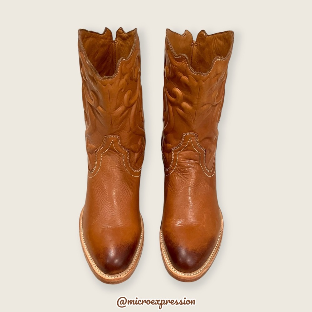 $399 Frye Floral Botanical Leaf Vine Cognac Brown Leather Cowboy Western Boot - Picture 9 of 15